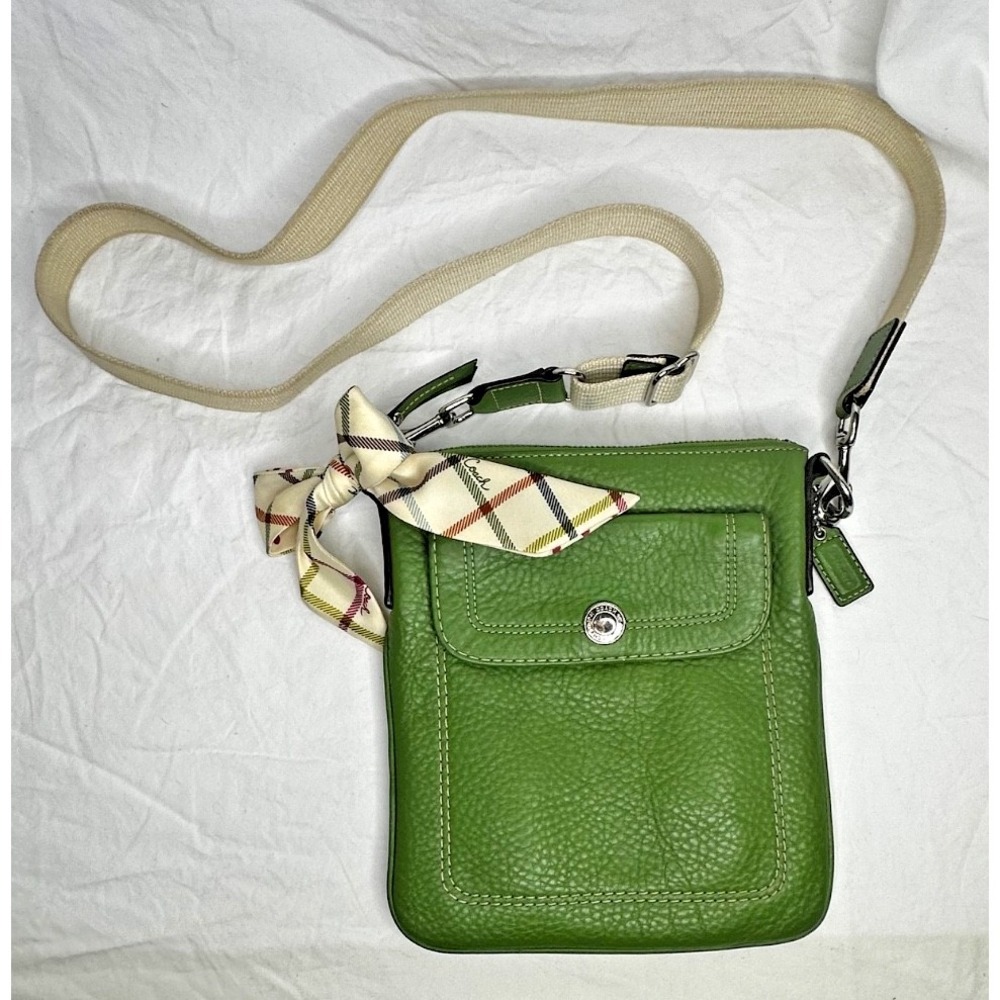Coach Crossbody Green Pebbled Leather Purse Plaid Coach Bow